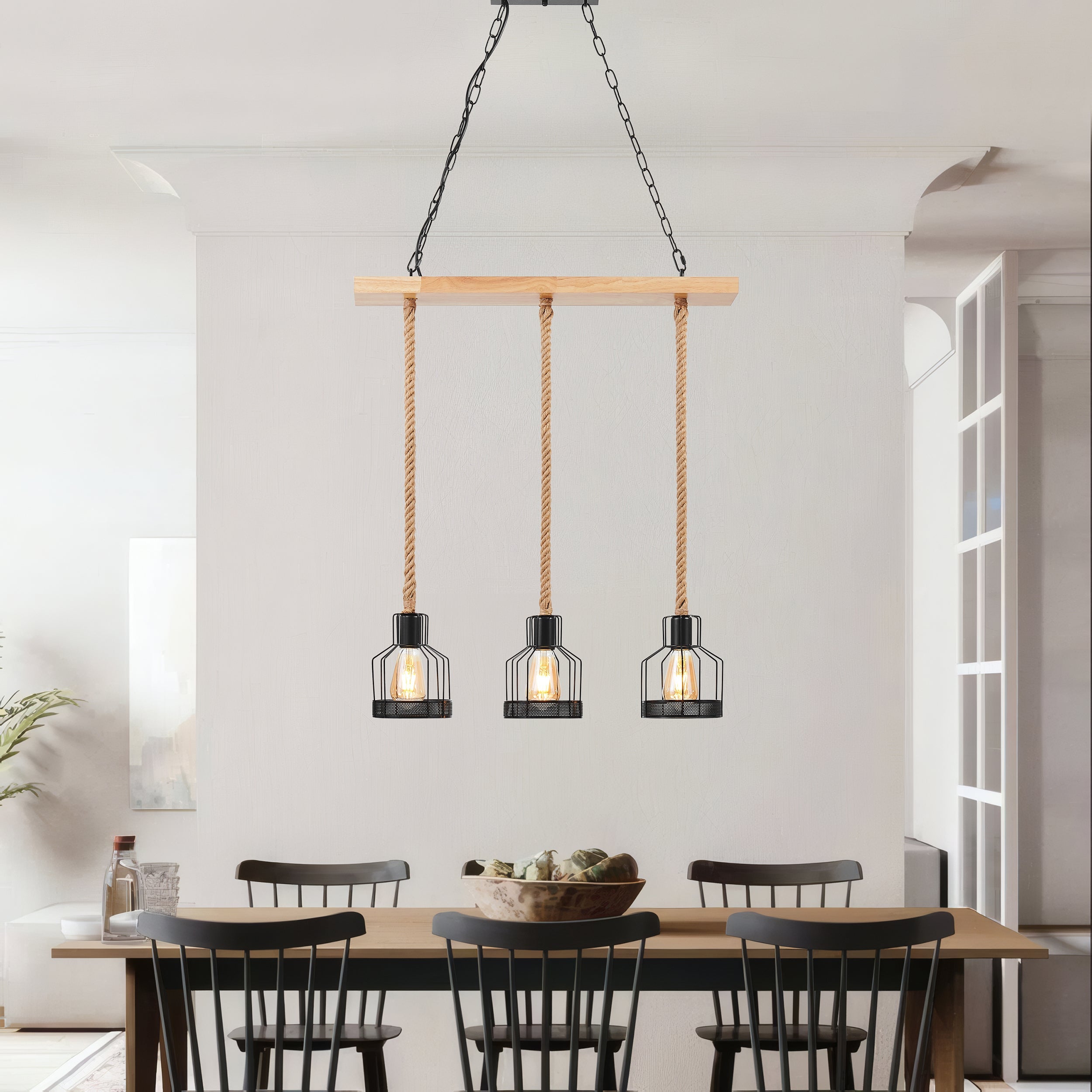 Wood and Ropes 3 Light Chandelier // Black