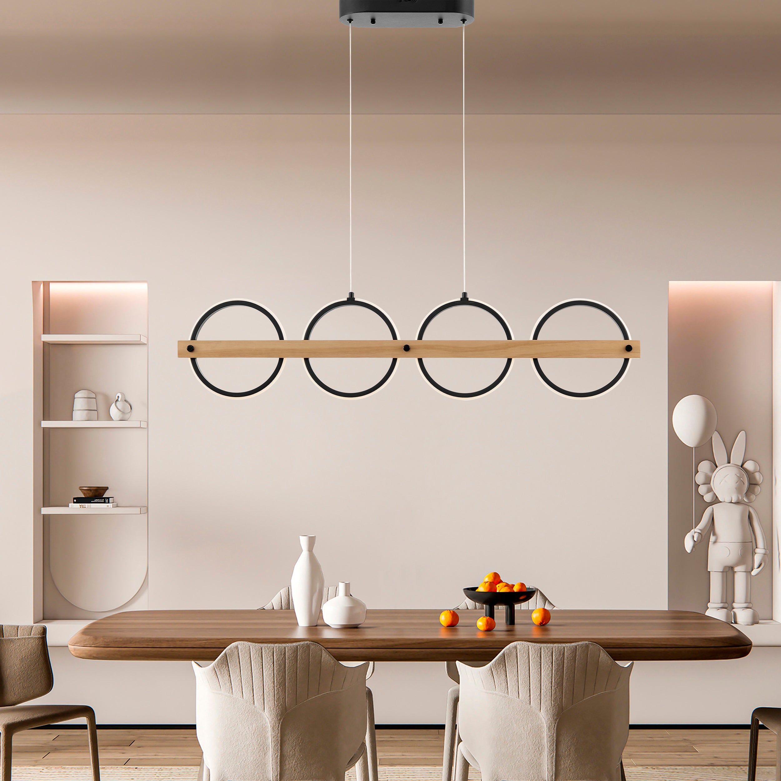 Chandelier 4 Circles Satin Black & Wood