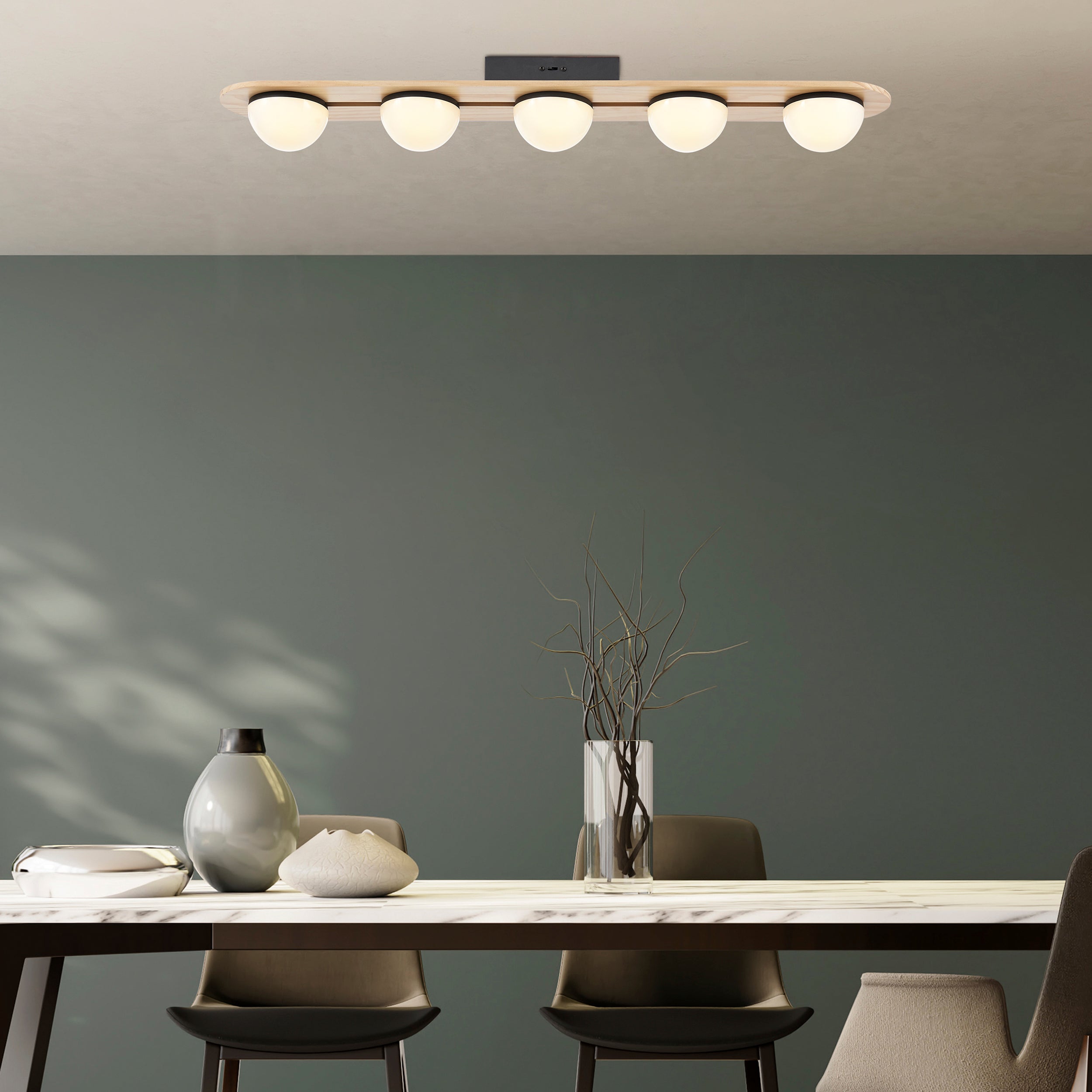Flush Mount Satin Black & Wood
