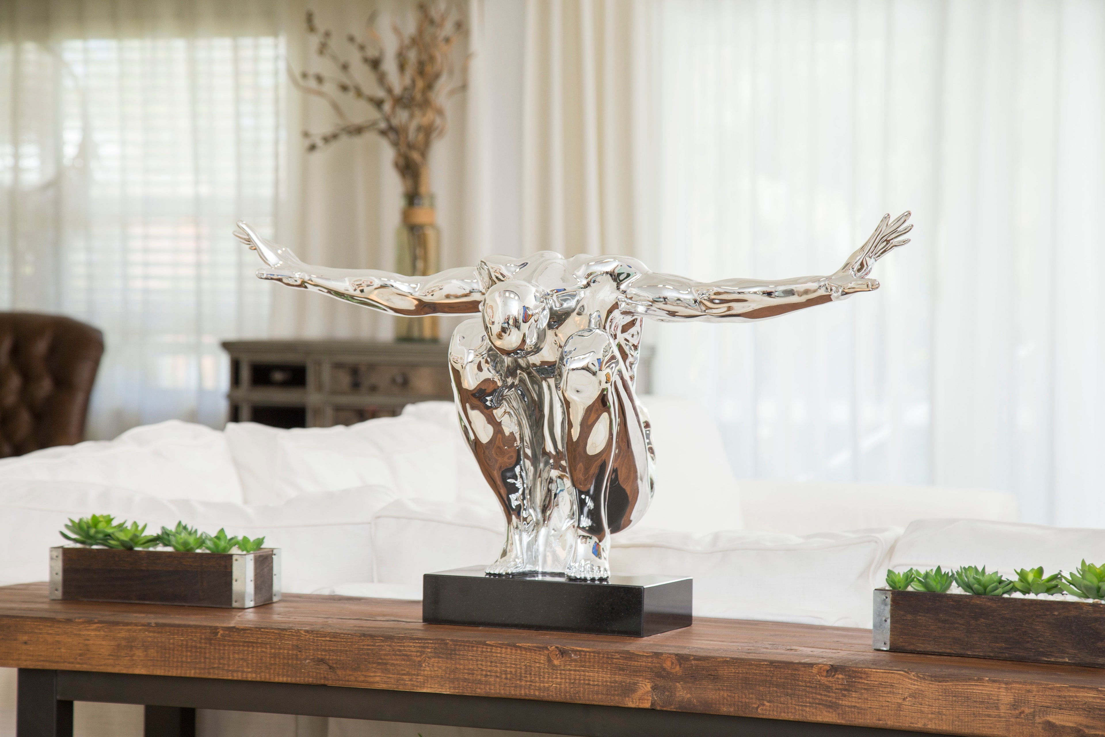 Chrome Large Saluting Man Resin Sculpture