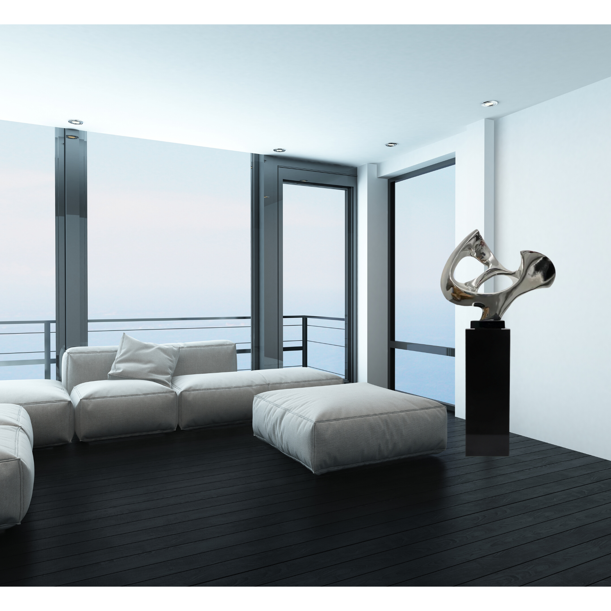 Abstract Mask 54" Tall Floor Sculpture - Chrome with Black Stand