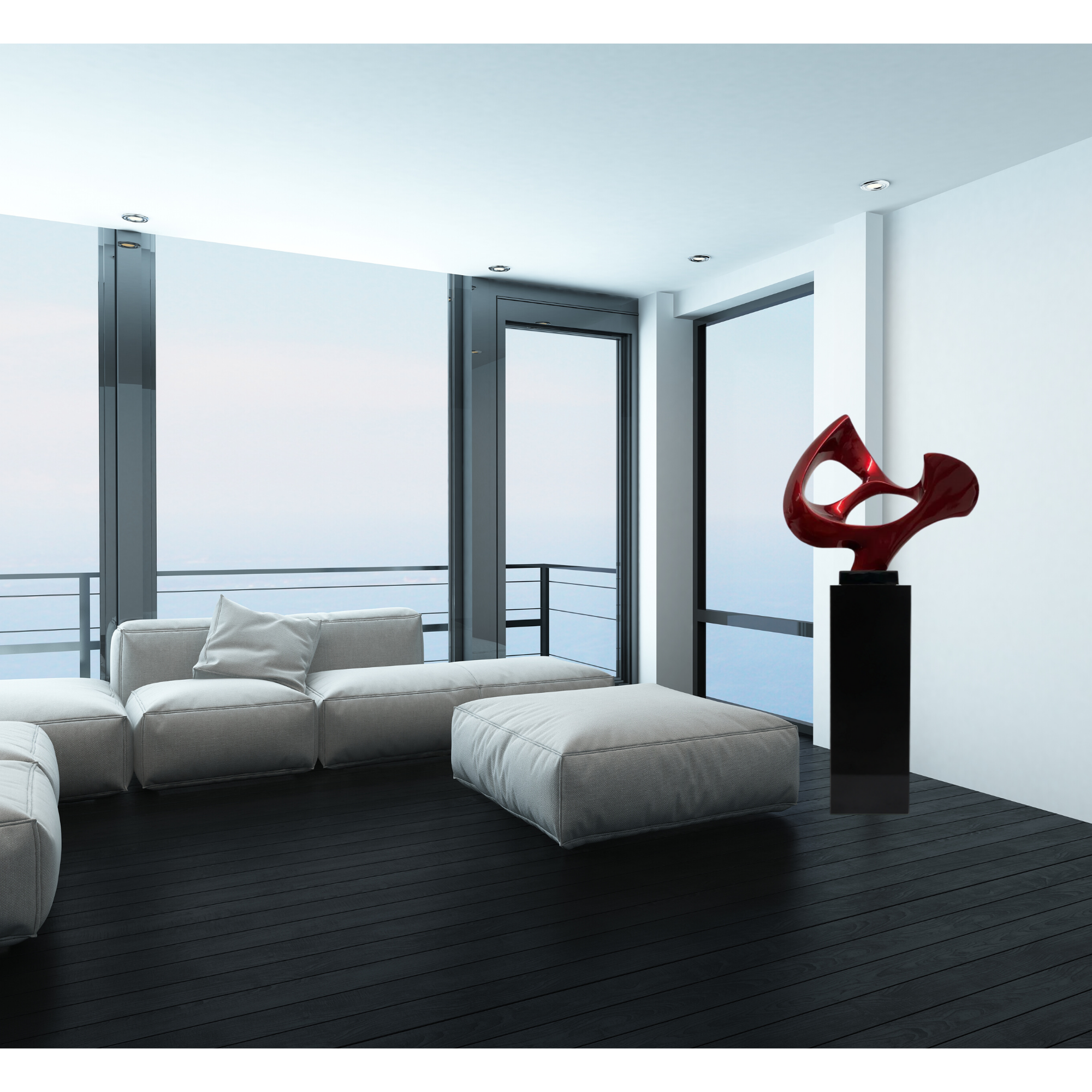 Abstract Mask 54" Tall Floor Sculpture -  Metallic Red and Black Stand