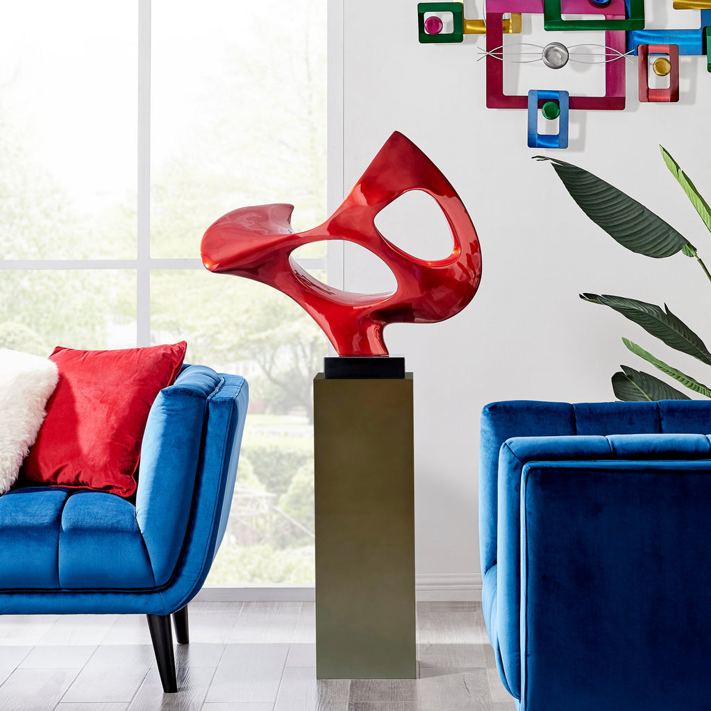 Abstract Mask 54" Tall Floor Sculpture // Metallic Red With Gray Stand
