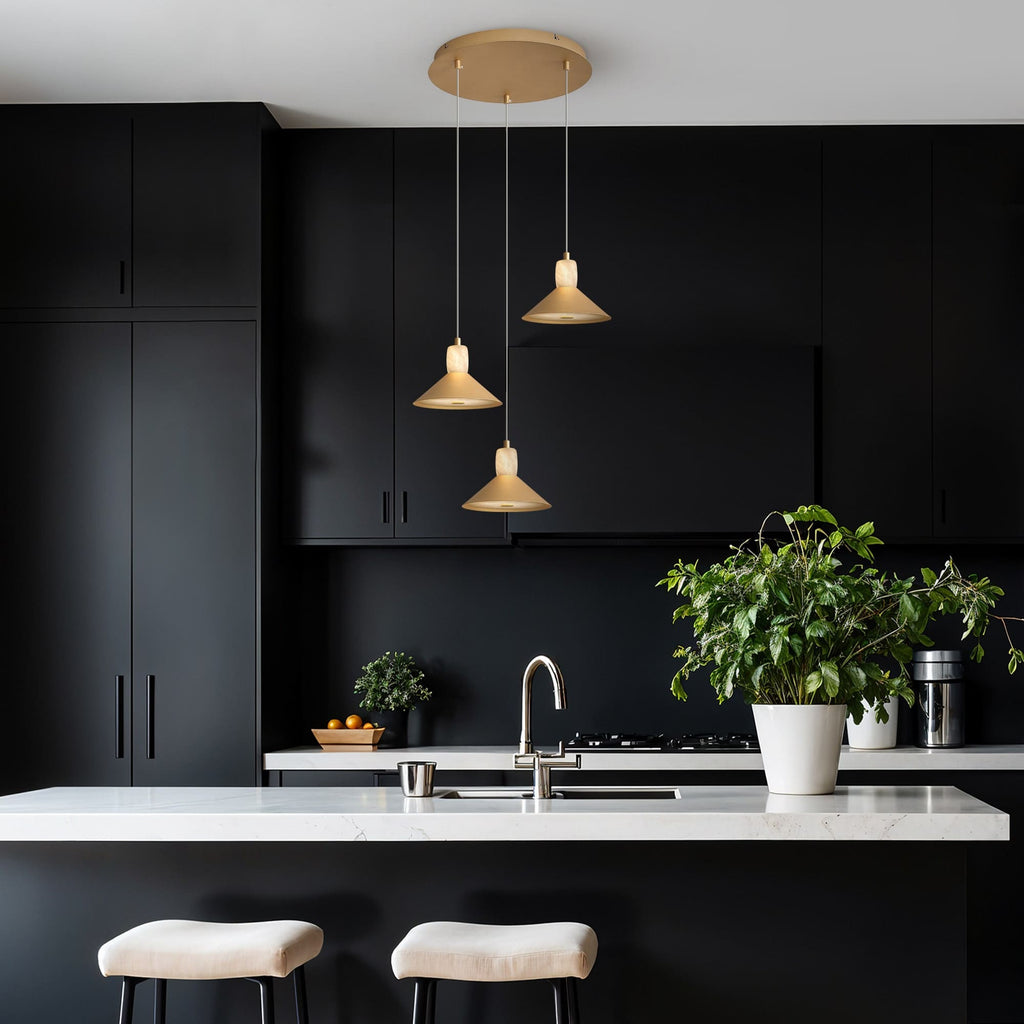 Spanish Alabaster & Aluminum Three-Light Chandelier