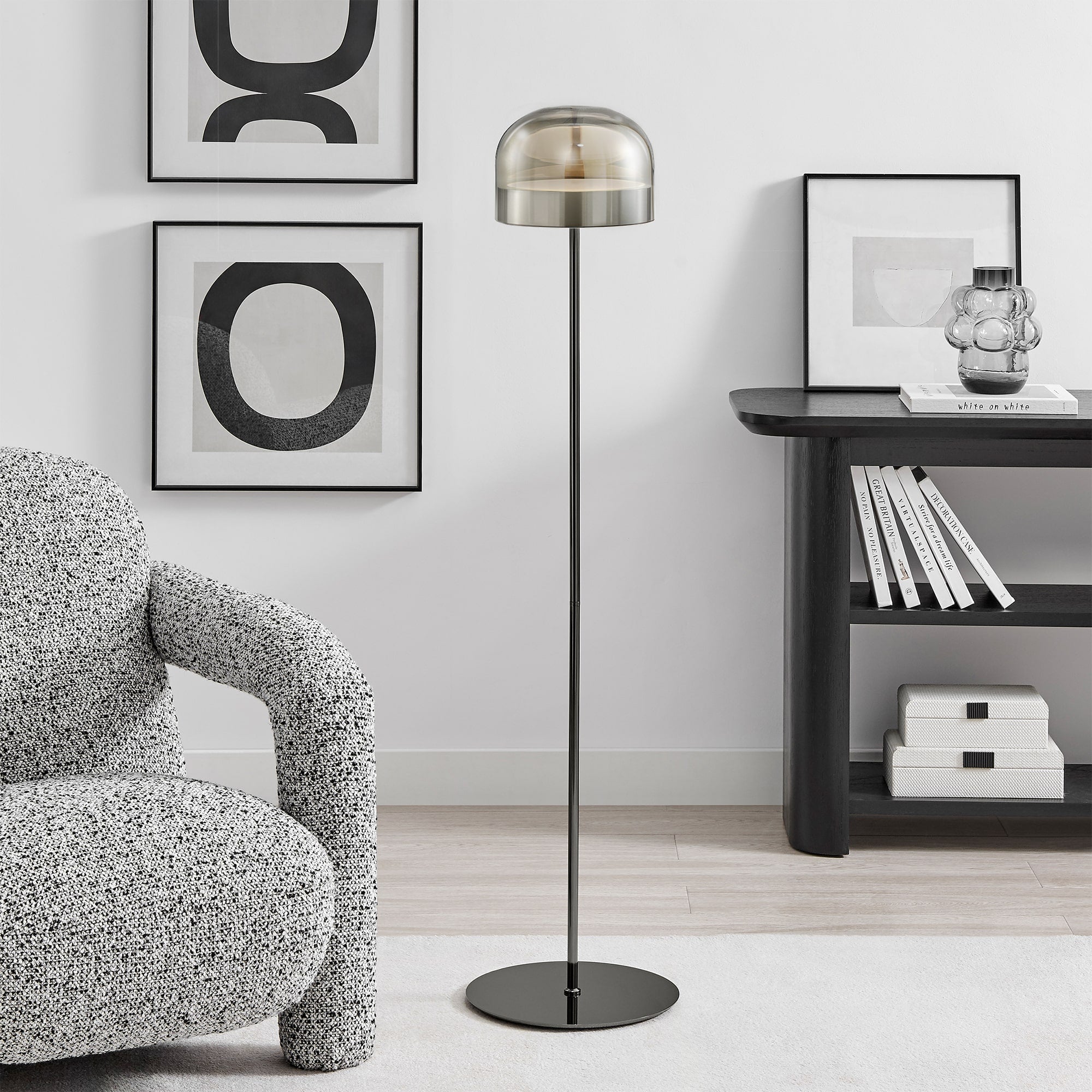 Black Iron and Smoky Glass Floor Lamp