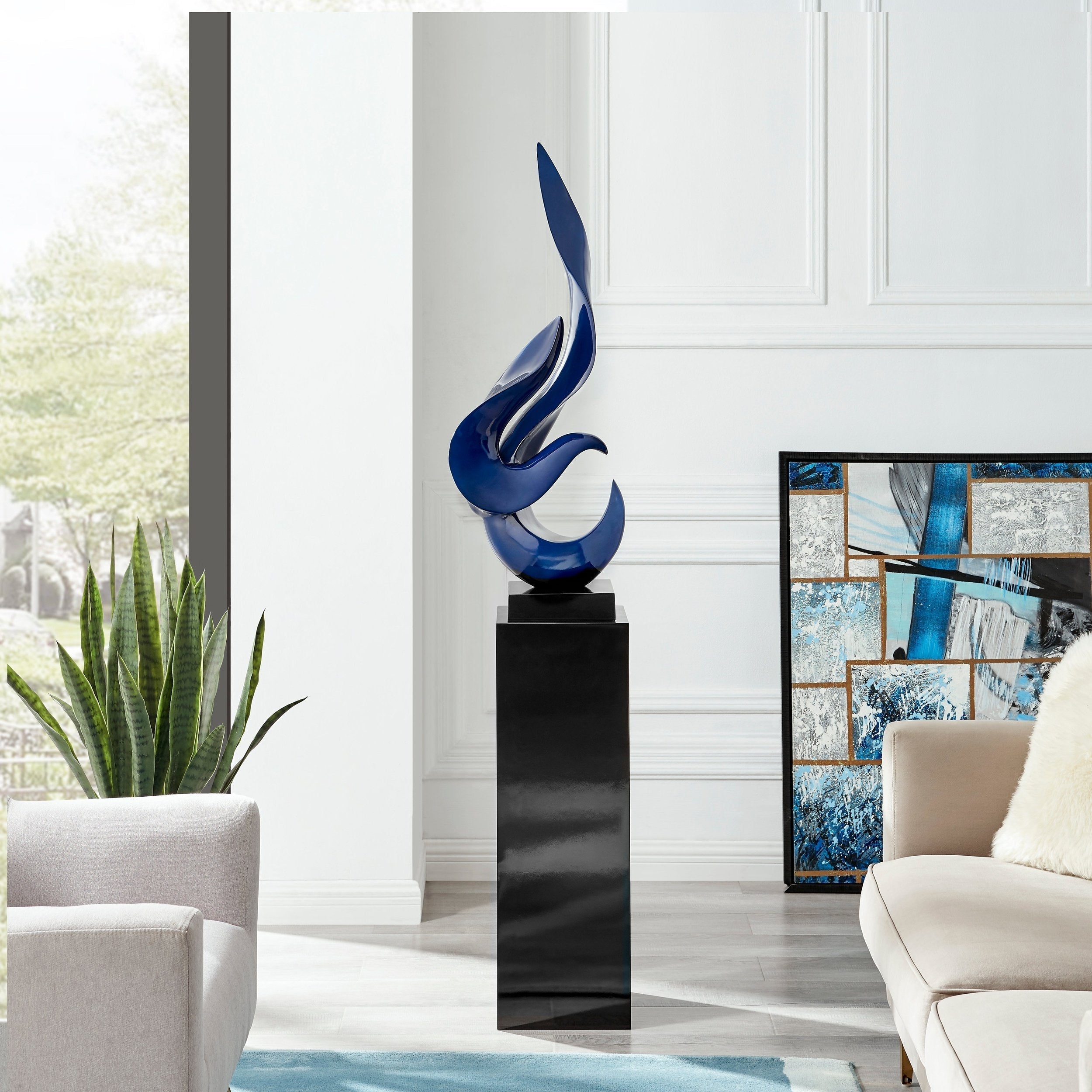Flame 65" Tall Floor Sculpture - Blue with Black Stand
