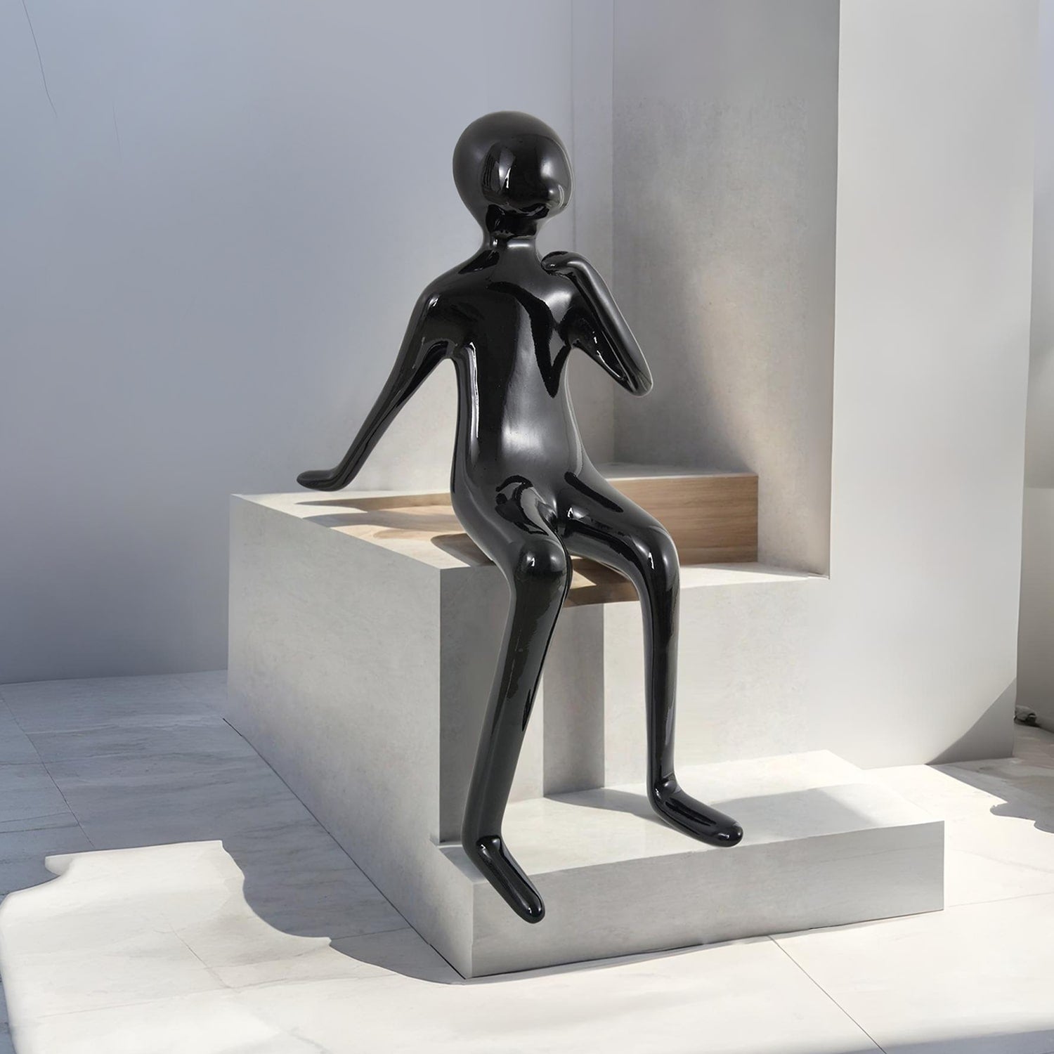 Urban Thinker – Glossy Black Resin Seated Figure Sculpture